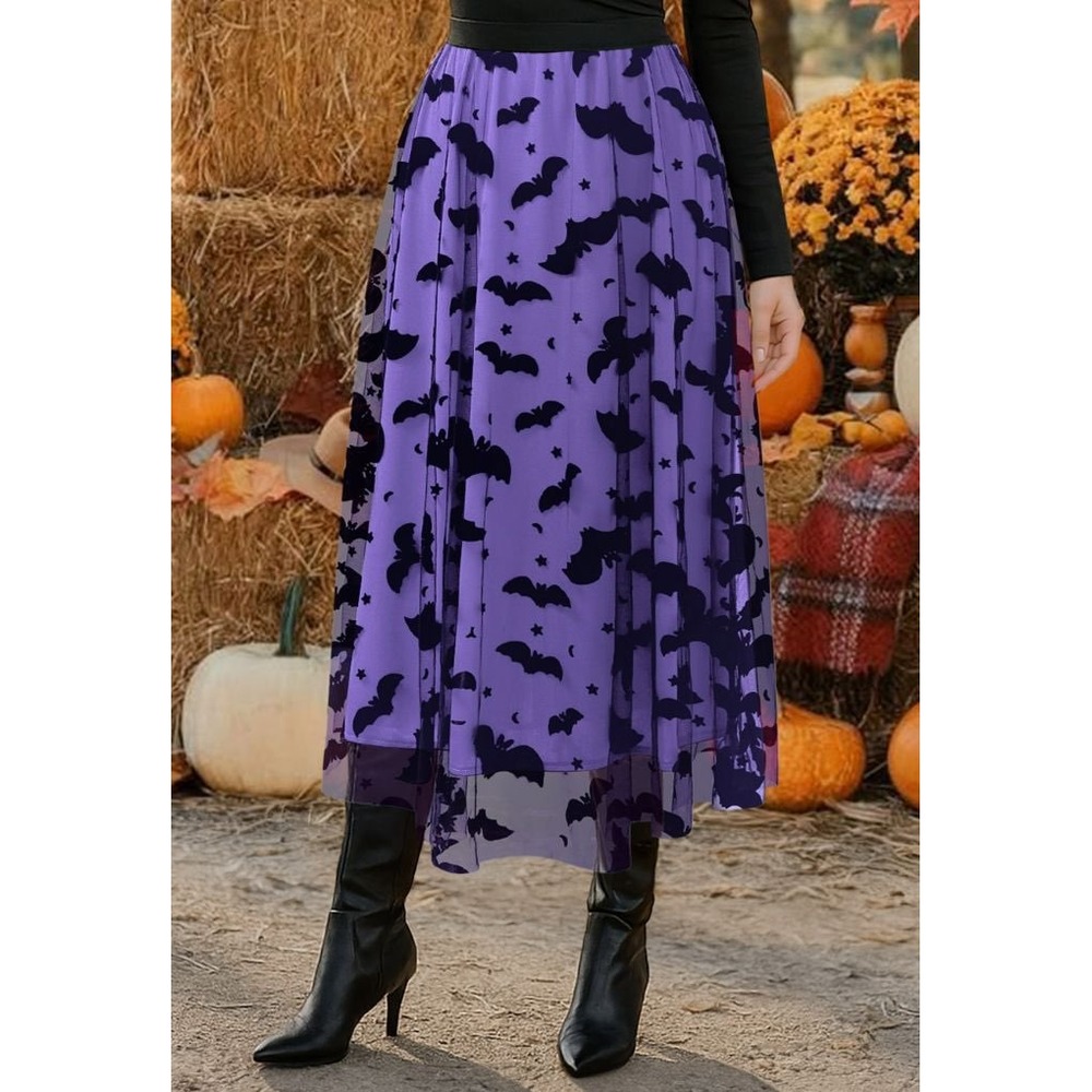 Chicwish Purple Velvet Bat Mesh Midi Skirt S Gothic Halloween Tulle Lined Witchy